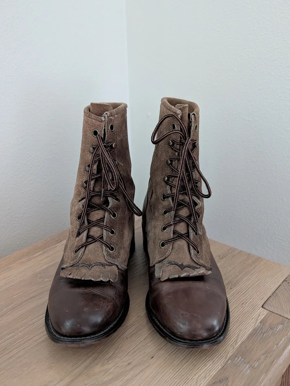 Vintage 80's Leather Southwestern Embroidered Lace Up Fringe Heel Boots - 7.5
